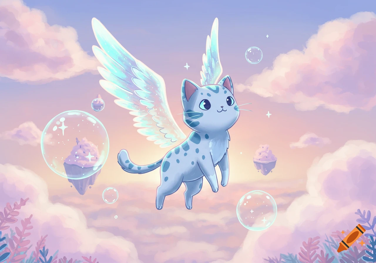 A cute blue spotted cat with glowing feathered wings flies through a pastel sky with pink clouds, bubbles, and floating cupcake islands in a cartoon style.