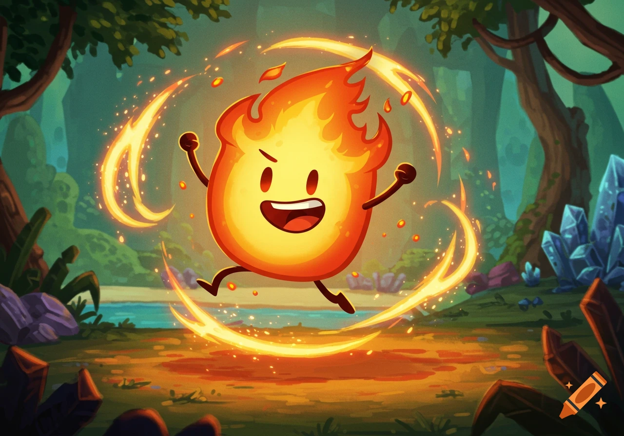 A happy, cartoony fire creature jumps and radiates flames in a vibrant fantasy forest with a river and crystals.