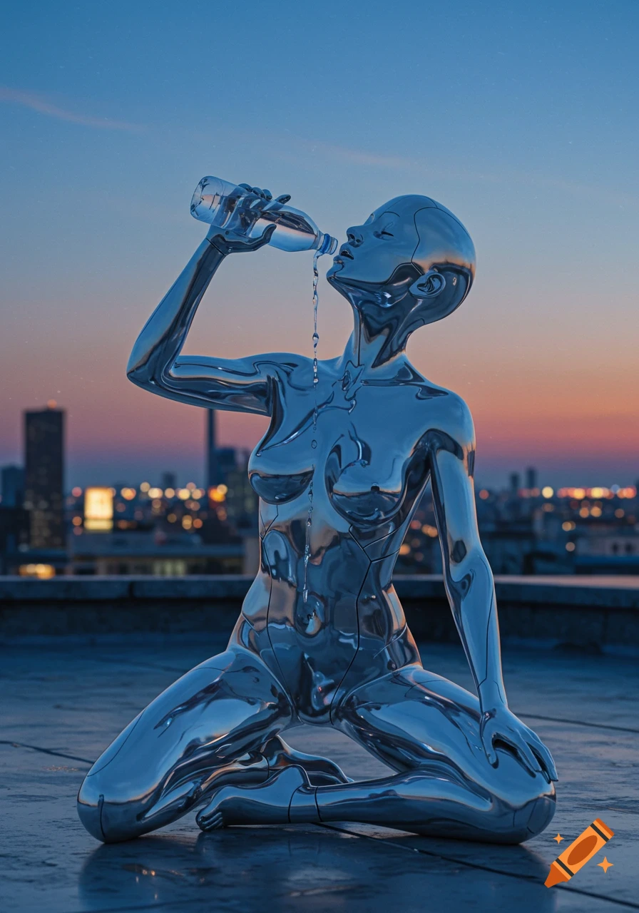 Photorealistic chrome humanoid figure kneeling on a rooftop, drinking water, with city lights visible against a twilight sky.