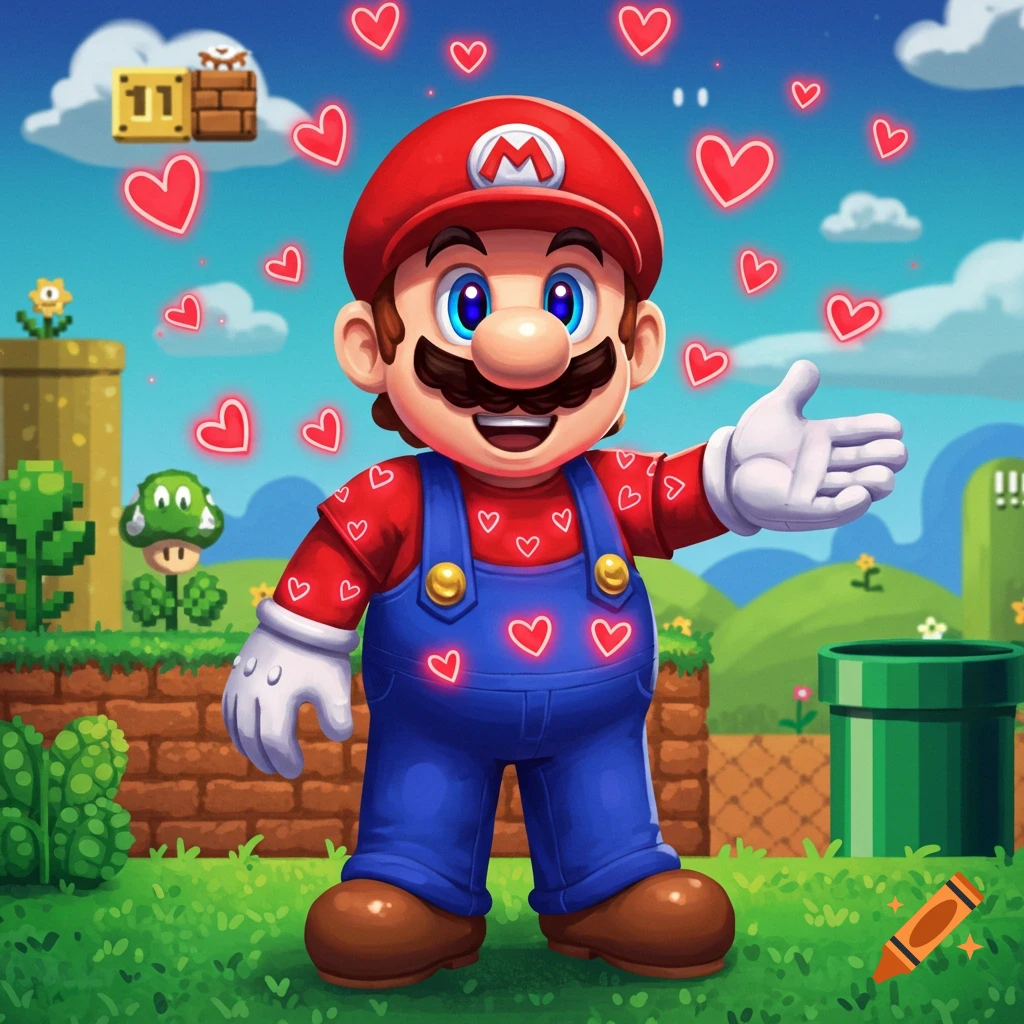 Stylized illustration of Mario surrounded by hearts in a vibrant Super Mario Bros. landscape, gesturing with an open hand.