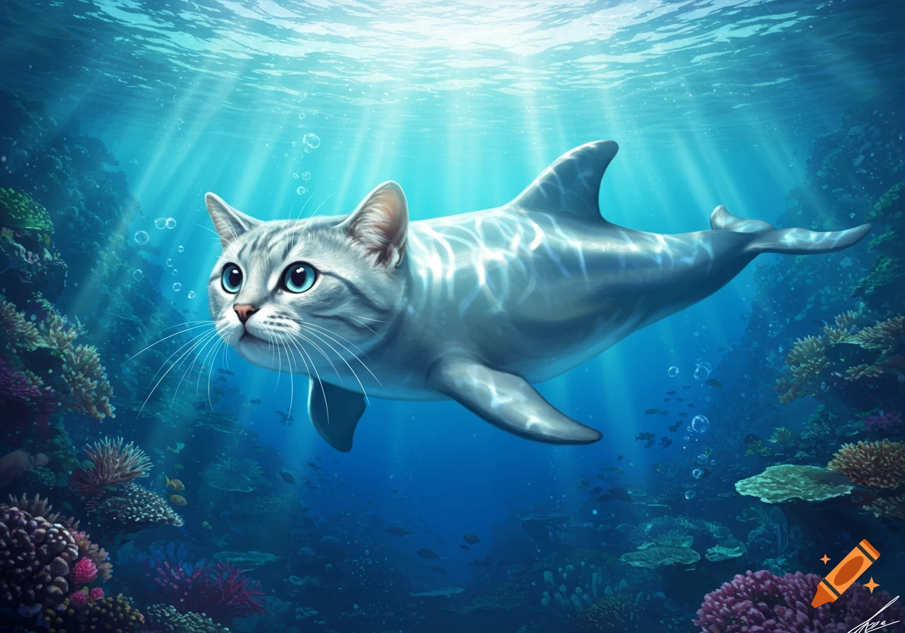 A cute gray tabby cat with a dolphin body swims in a vibrant underwater coral reef, illustrated.
