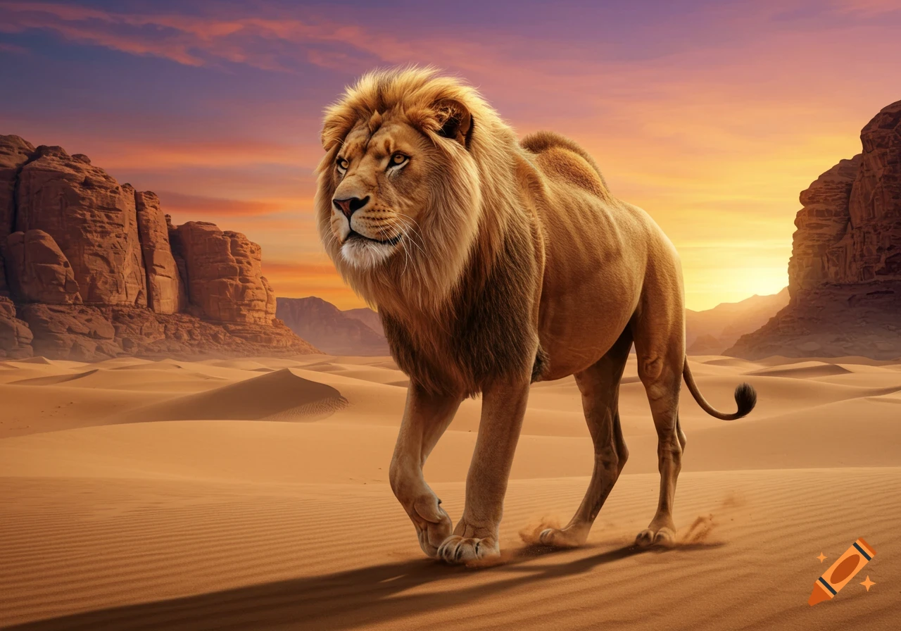 Photorealistic lion with a golden mane walks across a sandy desert landscape under a vibrant sunset sky with rock formations.