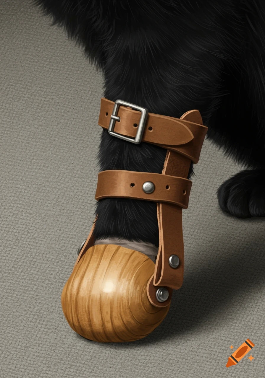 Close-up of a black-furred cat's leg with a brown leather strap holding a round wooden prosthetic paw. Photorealistic style.