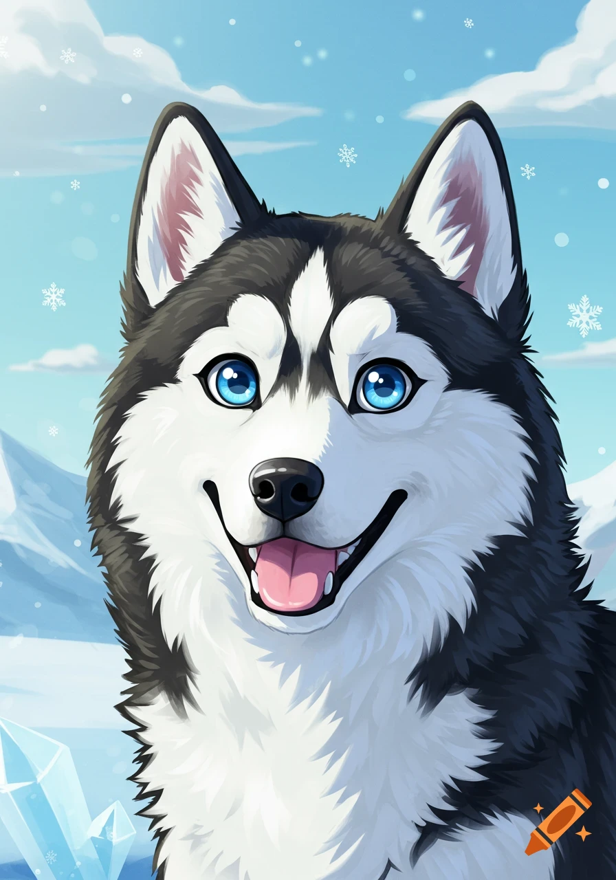 A happy cartoon husky with bright blue eyes smiles in a snowy mountain landscape.