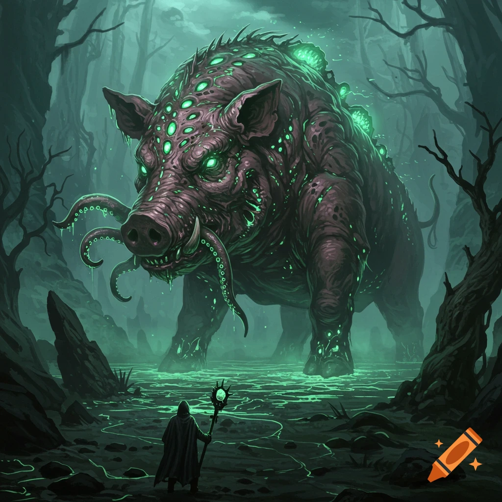 Massive lovecraftian pig monster with glowing green eyes and tentacles in a dark, eerie forest swamp, a cloaked figure nearby. Fantasy art.