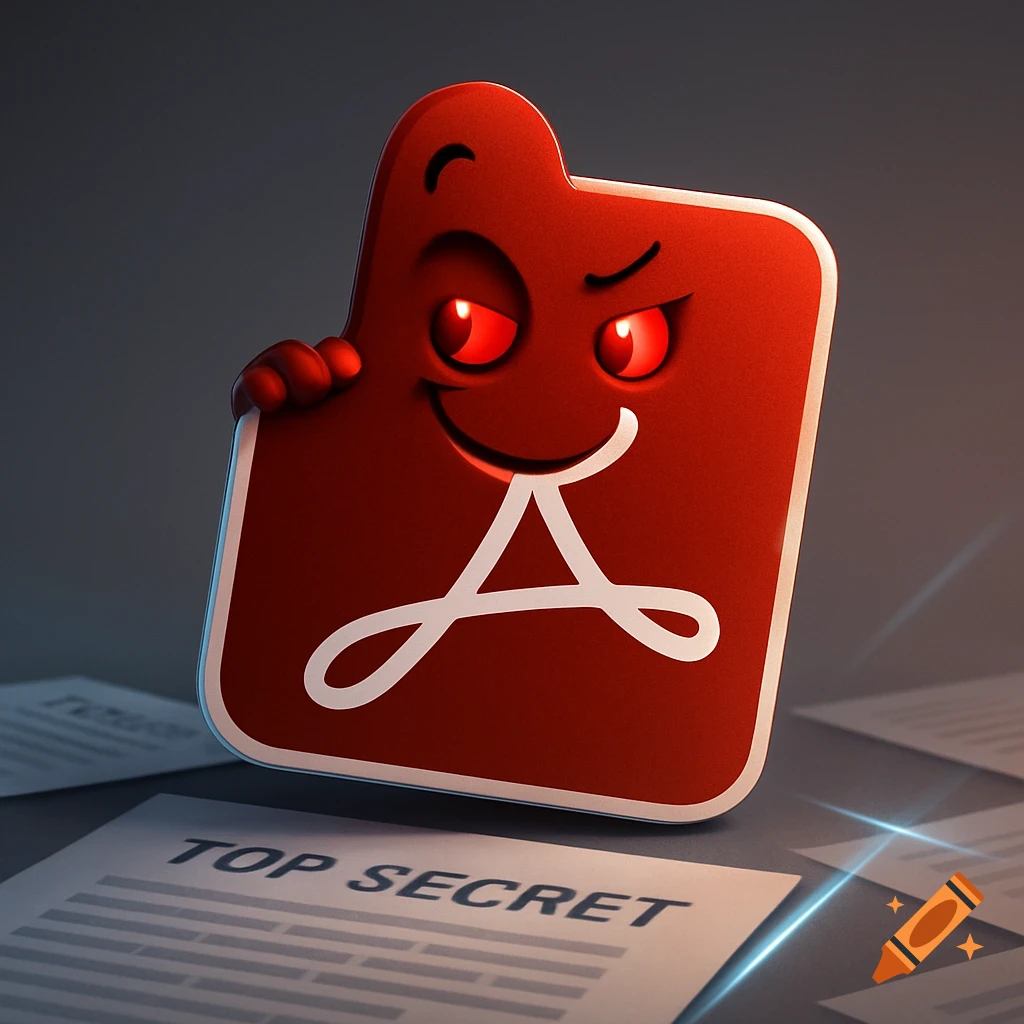 A mischievous red cartoon folder icon with glowing red eyes peeks over a stack of papers marked 'TOP SECRET'.