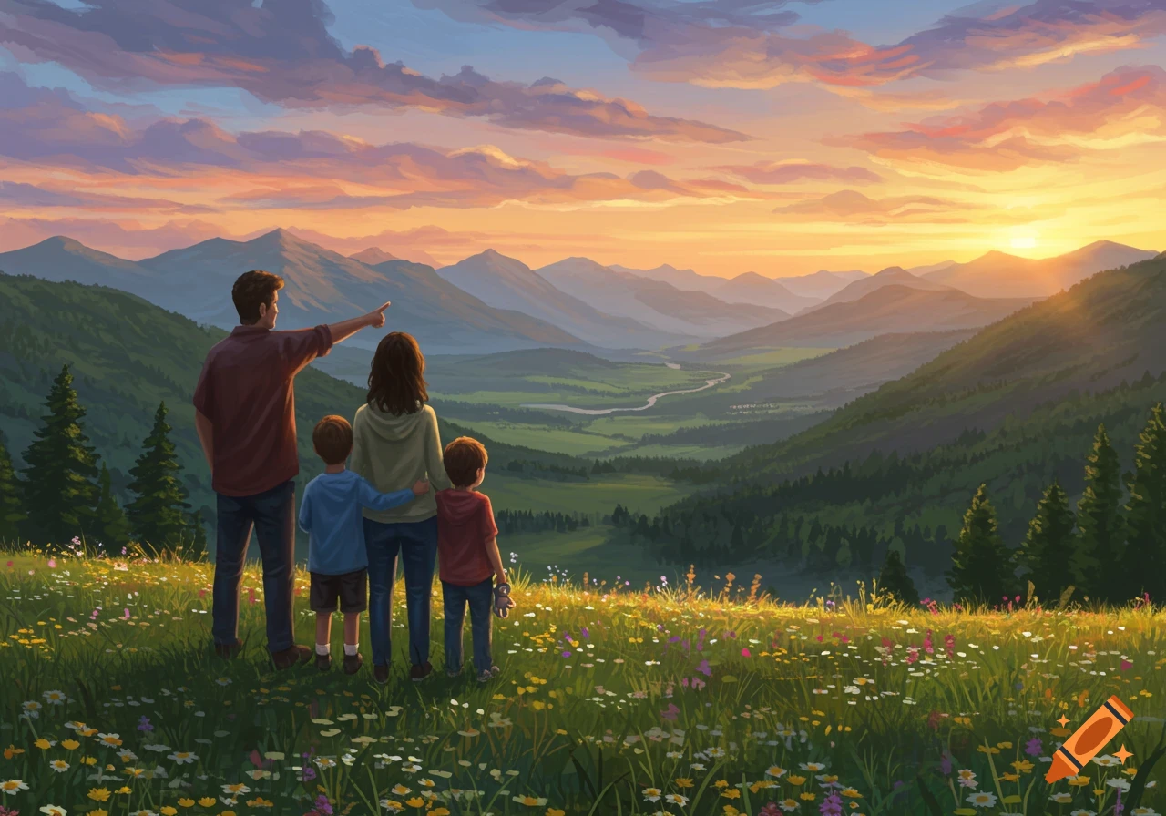 A family stands on a hill with wildflowers, looking at a beautiful mountain valley and sunset sky, in a digital illustration style.