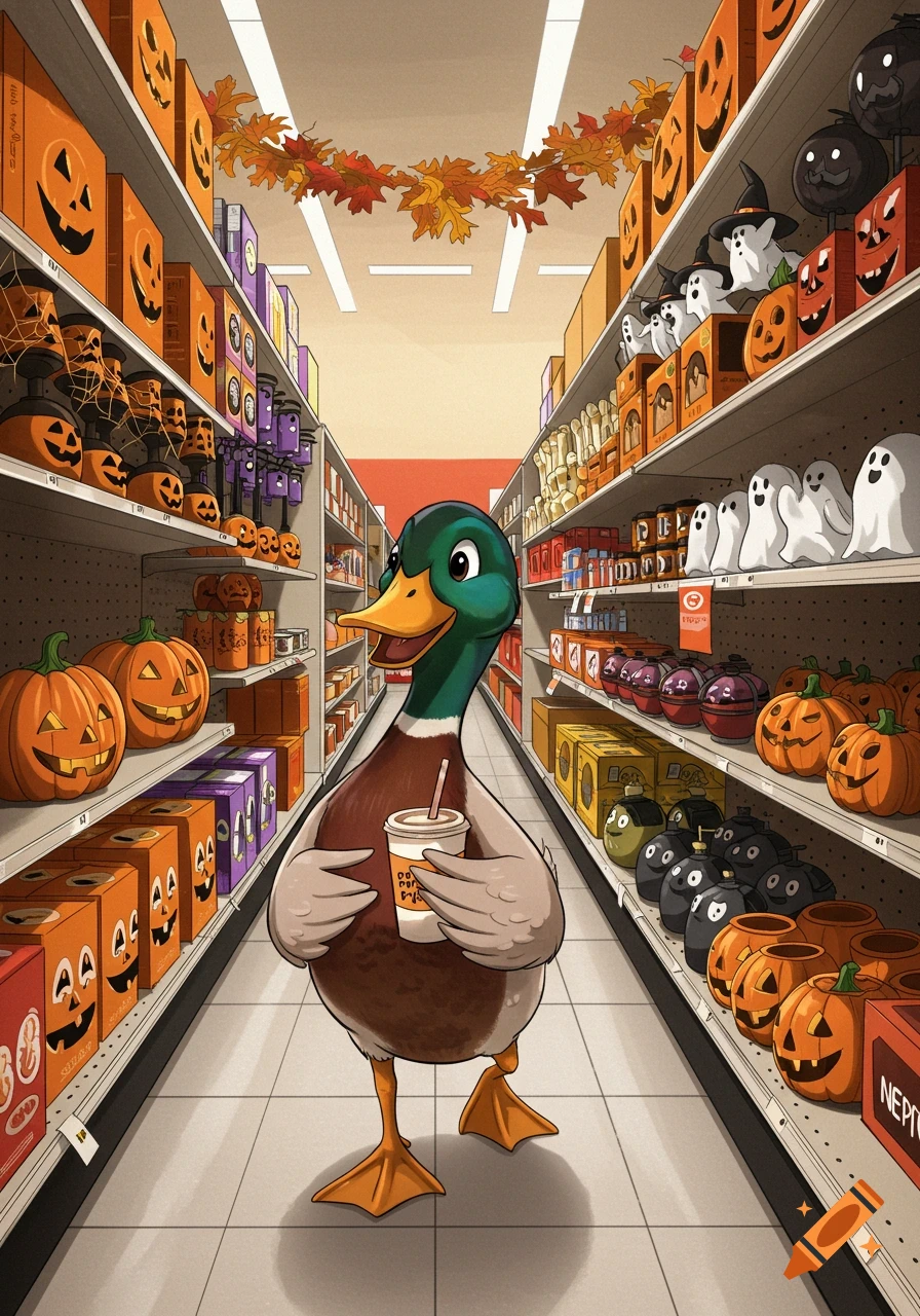 A cartoon mallard duck holding a drink walks through a store aisle with Halloween decorations.