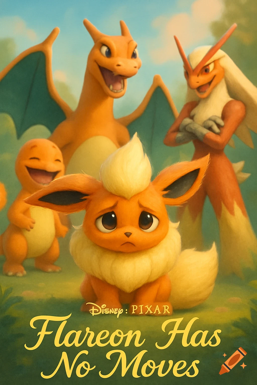 Disney Pixar movie poster with a sad Flareon in the foreground, while Charizard, Charmander, and Blaziken laugh behind it. The title reads 'Flareon Has No Moves'.