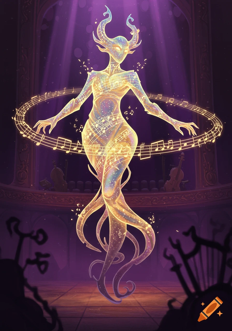 A glowing, ethereal figure made of musical notes and staves stands on a stage in a purple-lit concert hall.