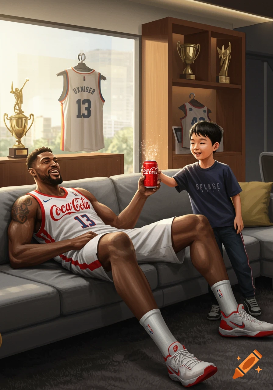 An illustration of a basketball player relaxing on a couch, holding a Coca-Cola can handed to him by a smiling young Asian boy.