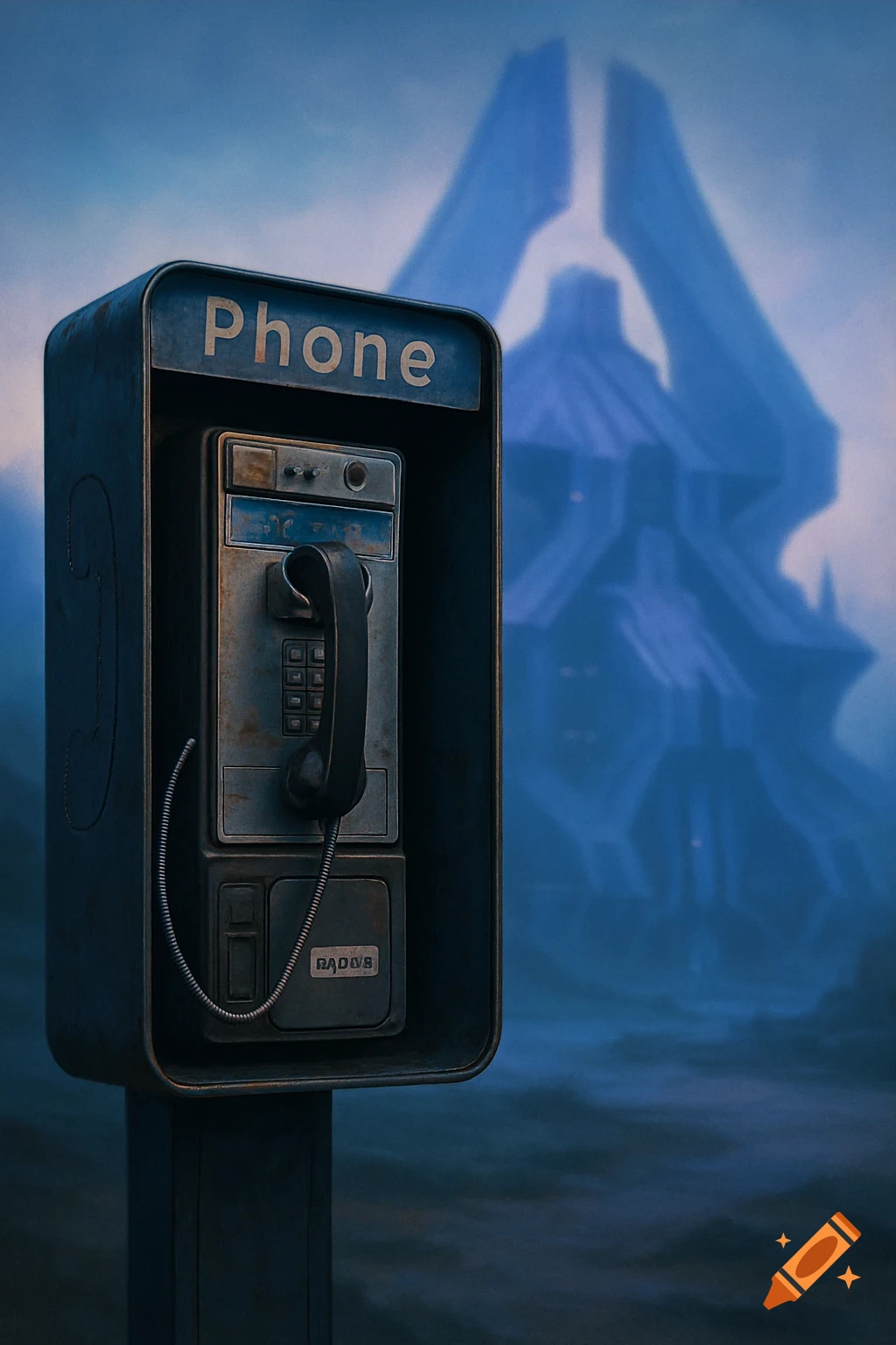 A rusty payphone in focus, with a blurred, futuristic, alien-like building in the background under a blue sky.