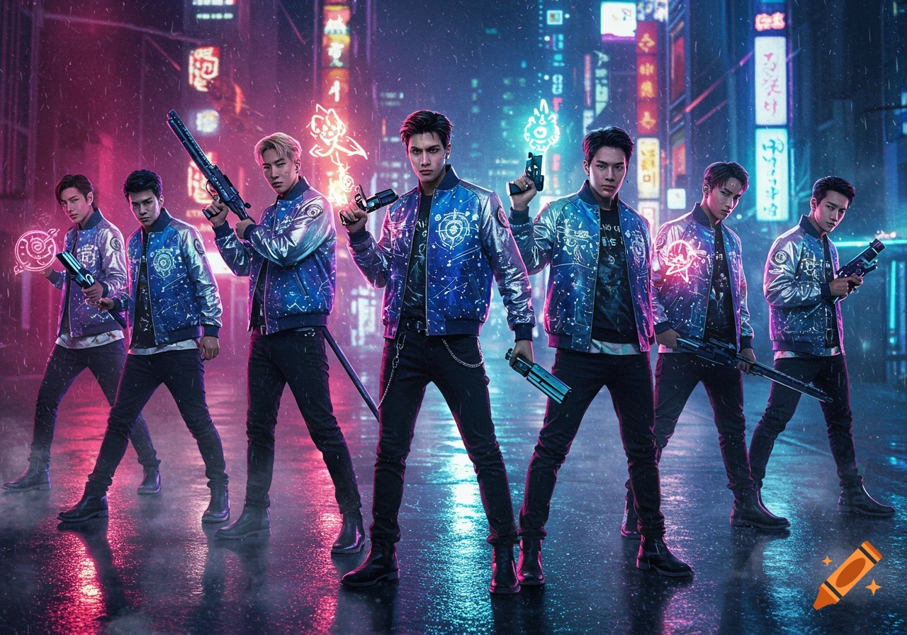 Seven men in futuristic blue and silver jackets hold glowing weapons in a neon-lit cyberpunk city at night.