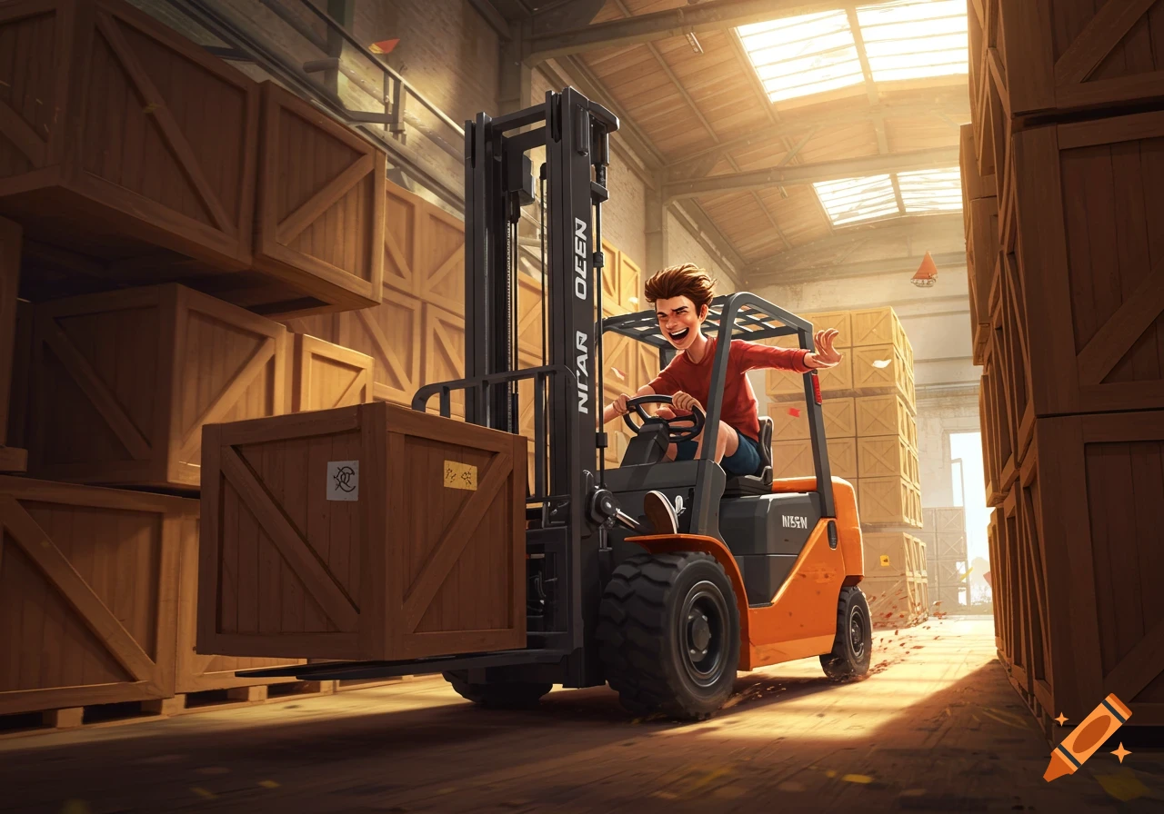A grinning cartoon boy drives an orange forklift through a warehouse filled with wooden crates.