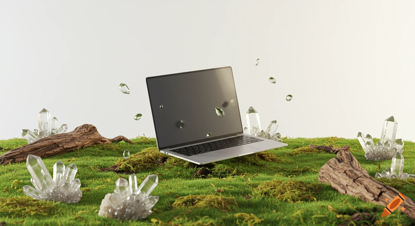 A silver laptop floats above a moss-covered surface, surrounded by clear quartz crystals, tree bark, and translucent droplets.