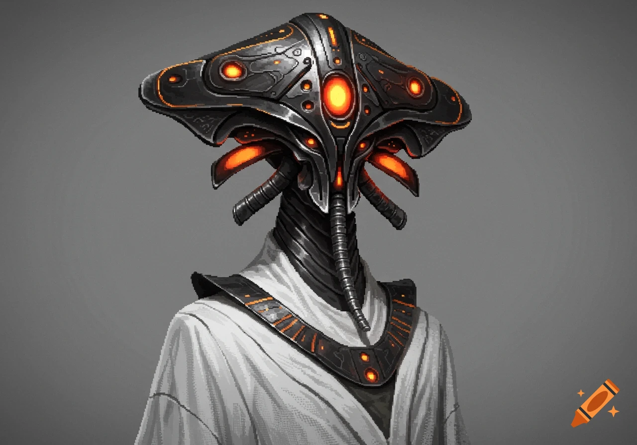 A pixel art portrait of a futuristic alien in a white robe with an ornate dark metallic head featuring glowing orange accents.