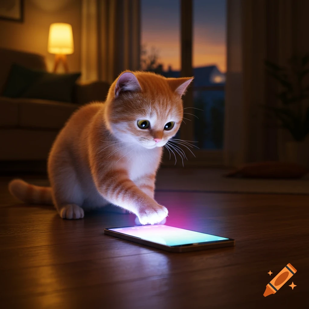 A cute orange and white kitten bats playfully at a glowing smartphone on a wooden floor in a dimly lit room at dusk.