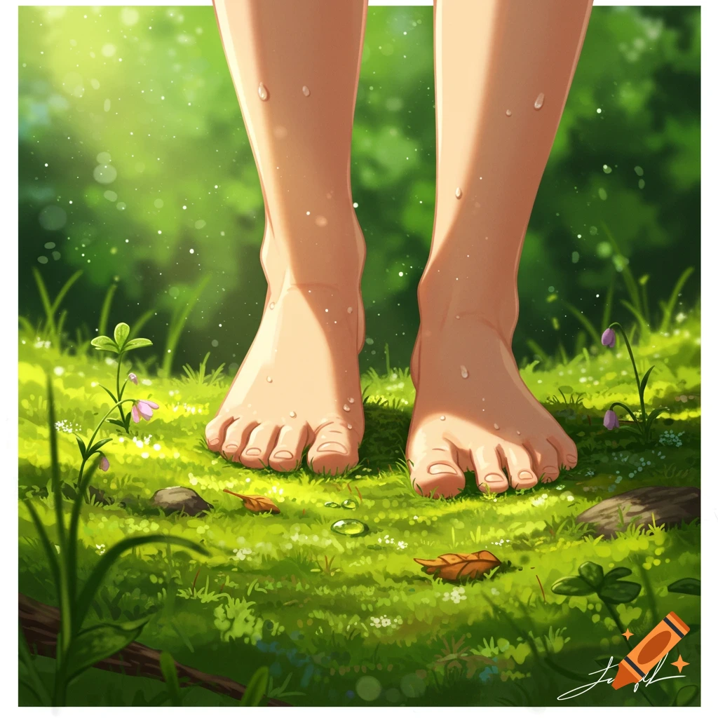 Bare feet with water droplets stepping on dewy green grass with small flowers and leaves, bathed in sunlight. Anime style.