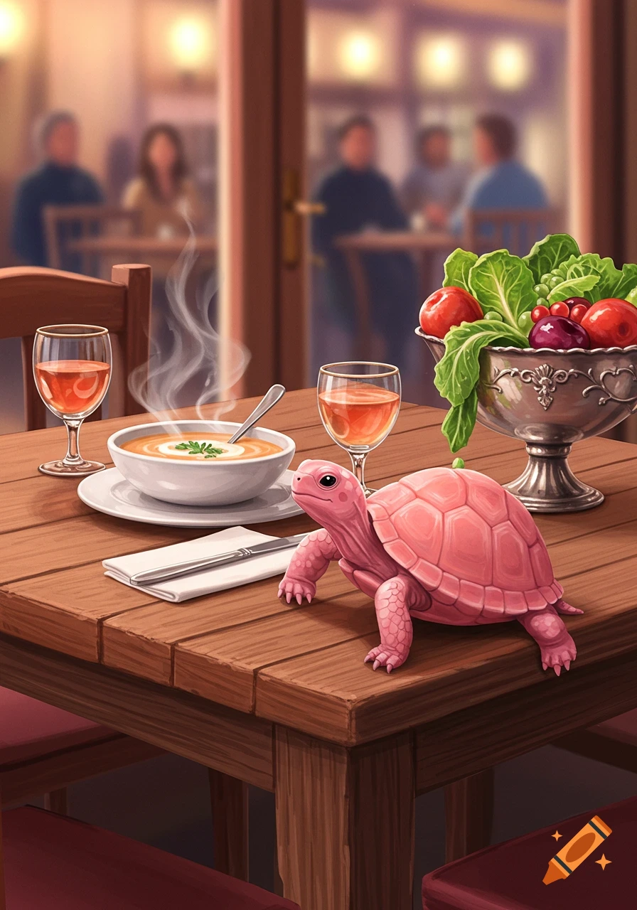 An illustration of a pink turtle on a wooden restaurant table with a bowl of soup, drinks, and a salad.