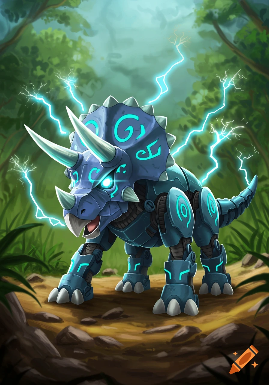 A stylized blue robotic triceratops with glowing cyan patterns stands in a lush green jungle, surrounded by lightning.
