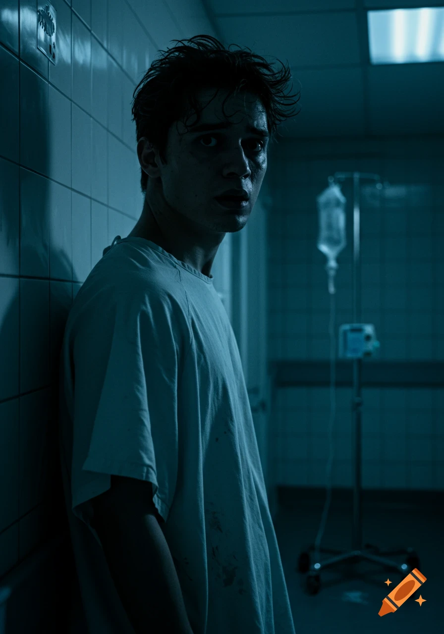 A photorealistic image of a scared man in a hospital gown with messy hair, leaning against a tiled wall in a dimly lit medical facility.