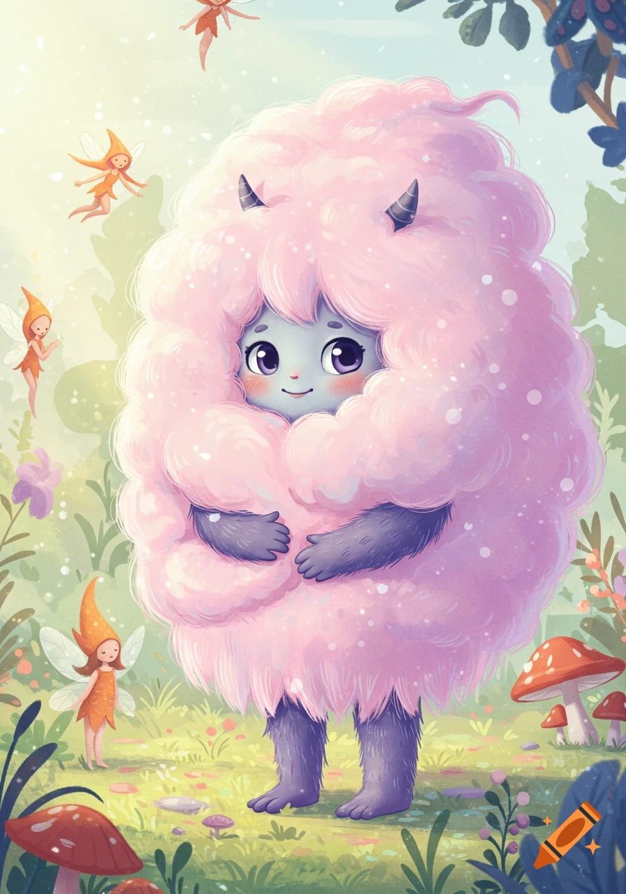 Cute fluffy pink monster with horns and small fairies in a whimsical forest, in a children's book illustration style.