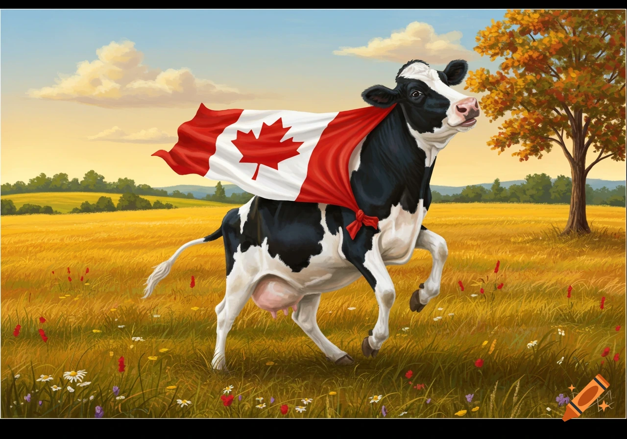 A cartoonish black and white cow with a Canadian flag as a cape dances in a sunlit golden field with a tree.