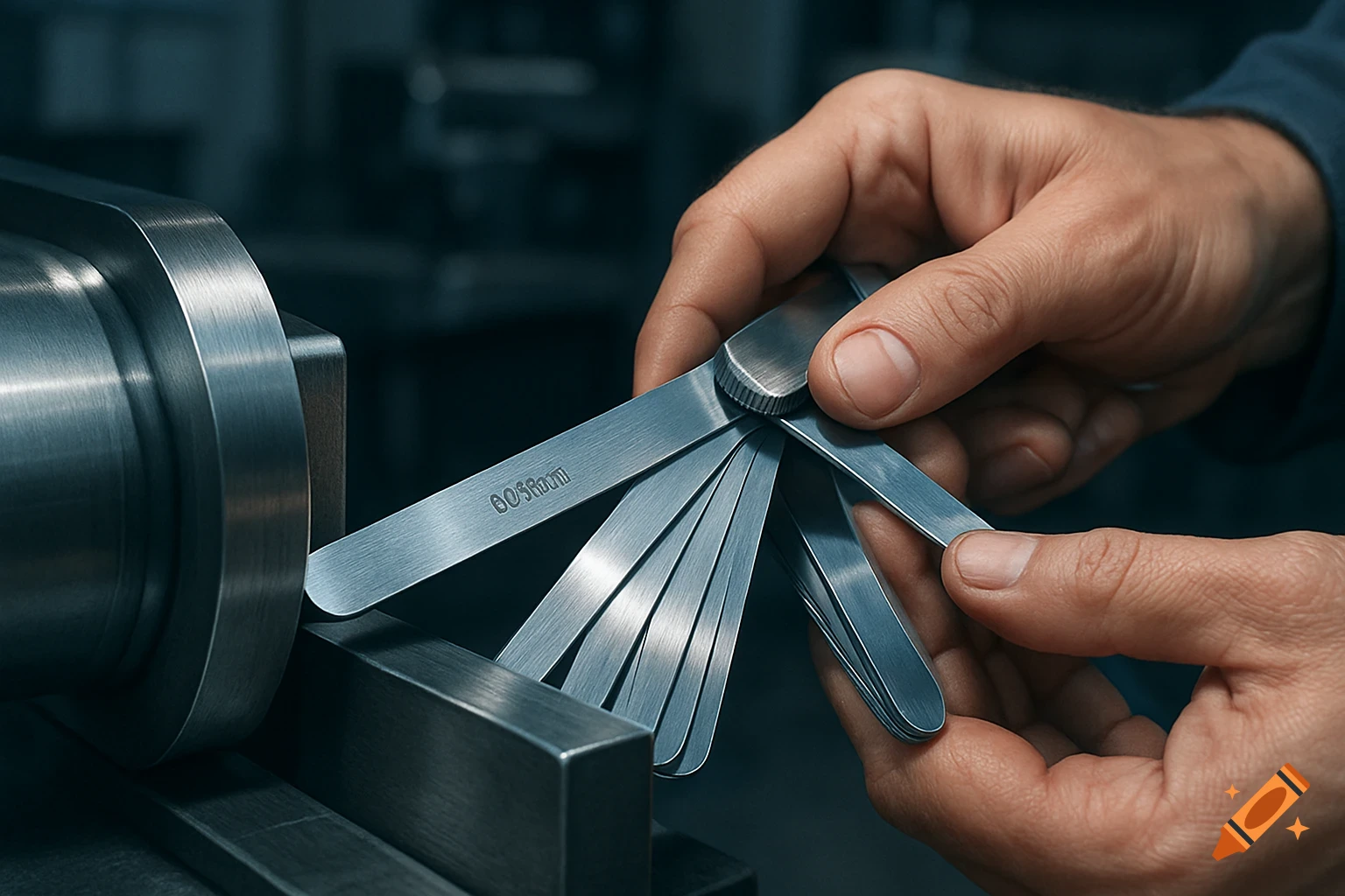 Close-up of a technician's hands using a feeler gauge to measure the gap between two metal parts in an industrial setting.