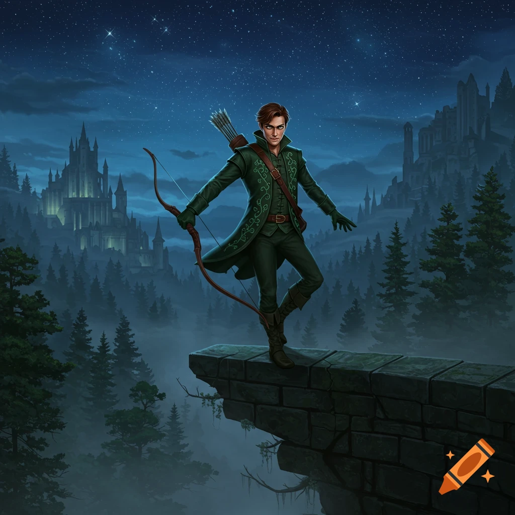 Fantasy art of a man in green, holding a bow and arrows, standing on a stone ledge overlooking a misty forest and castles at night.