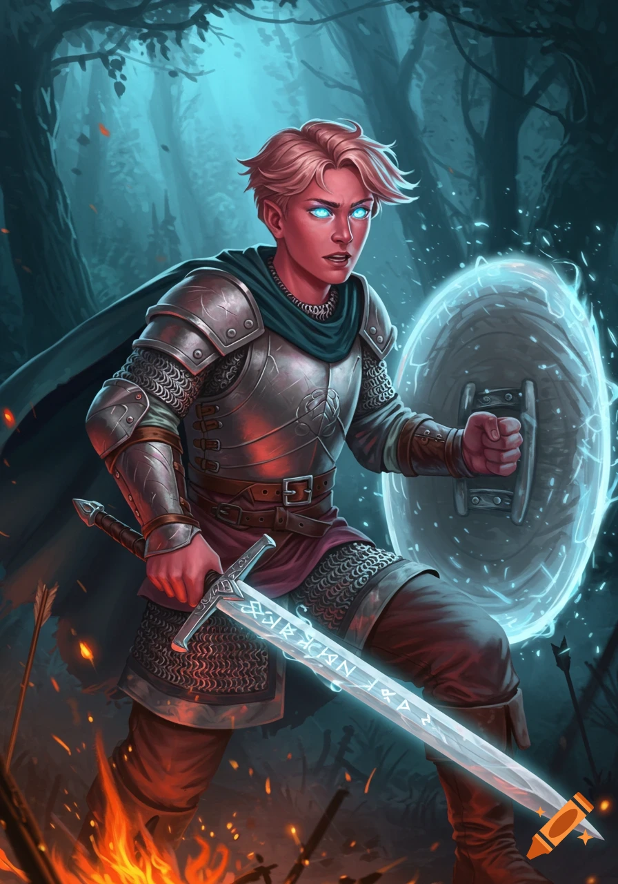 A young, fair-skinned male warrior with glowing blue eyes, wielding a runic sword and magical shield in a dark, fiery forest. Digital fantasy art.