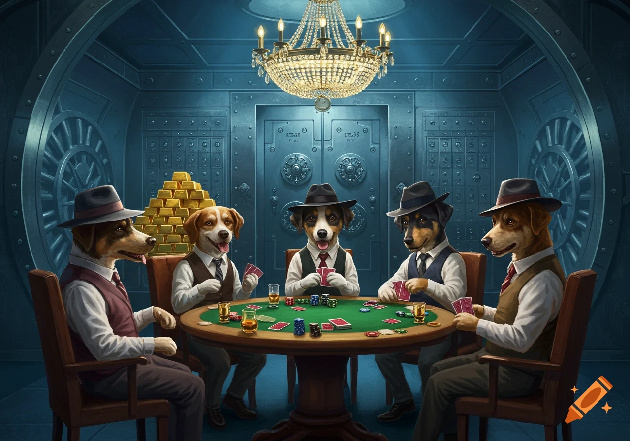 Anthropomorphic dogs in fedoras play poker at a green table in a dimly lit bank vault with gold bars.