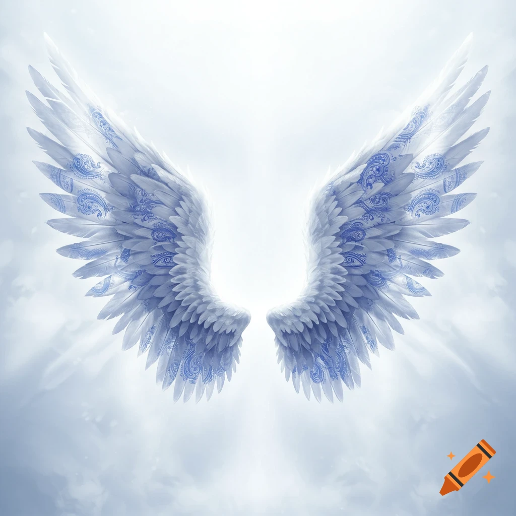 Magnificent hyperrealistic white angel wings with intricate blue paisley patterns, glowing against a bright cloudy sky.