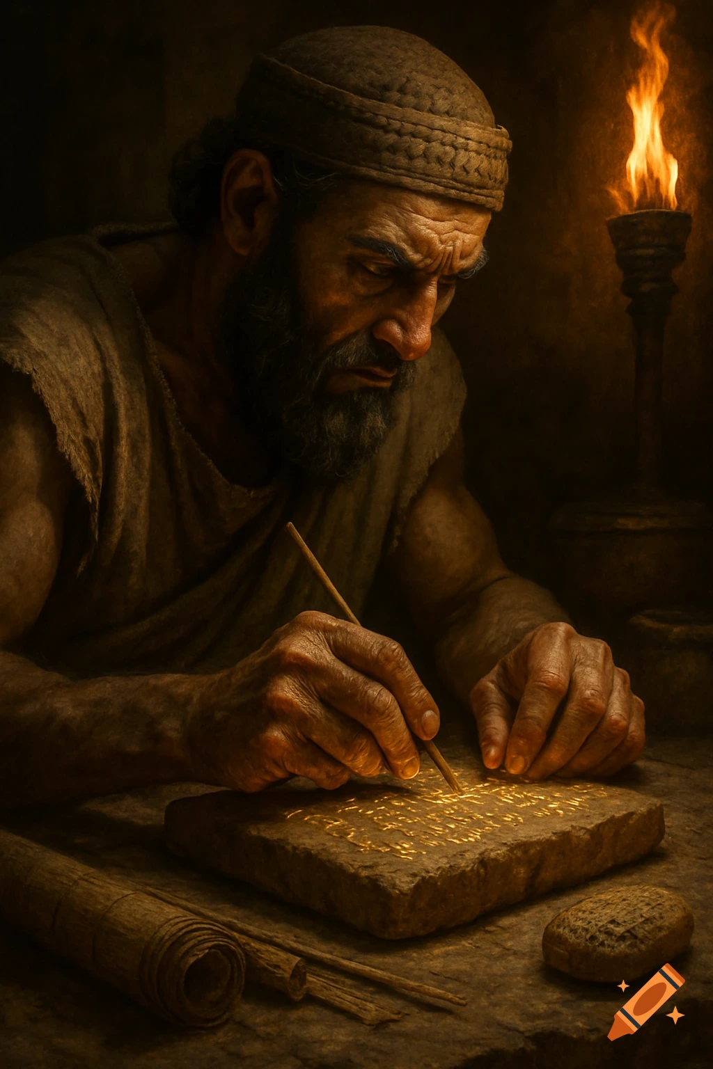 Photorealistic depiction of a Sumerian scribe kneeling, intently writing cuneiform on a glowing clay tablet by torchlight.