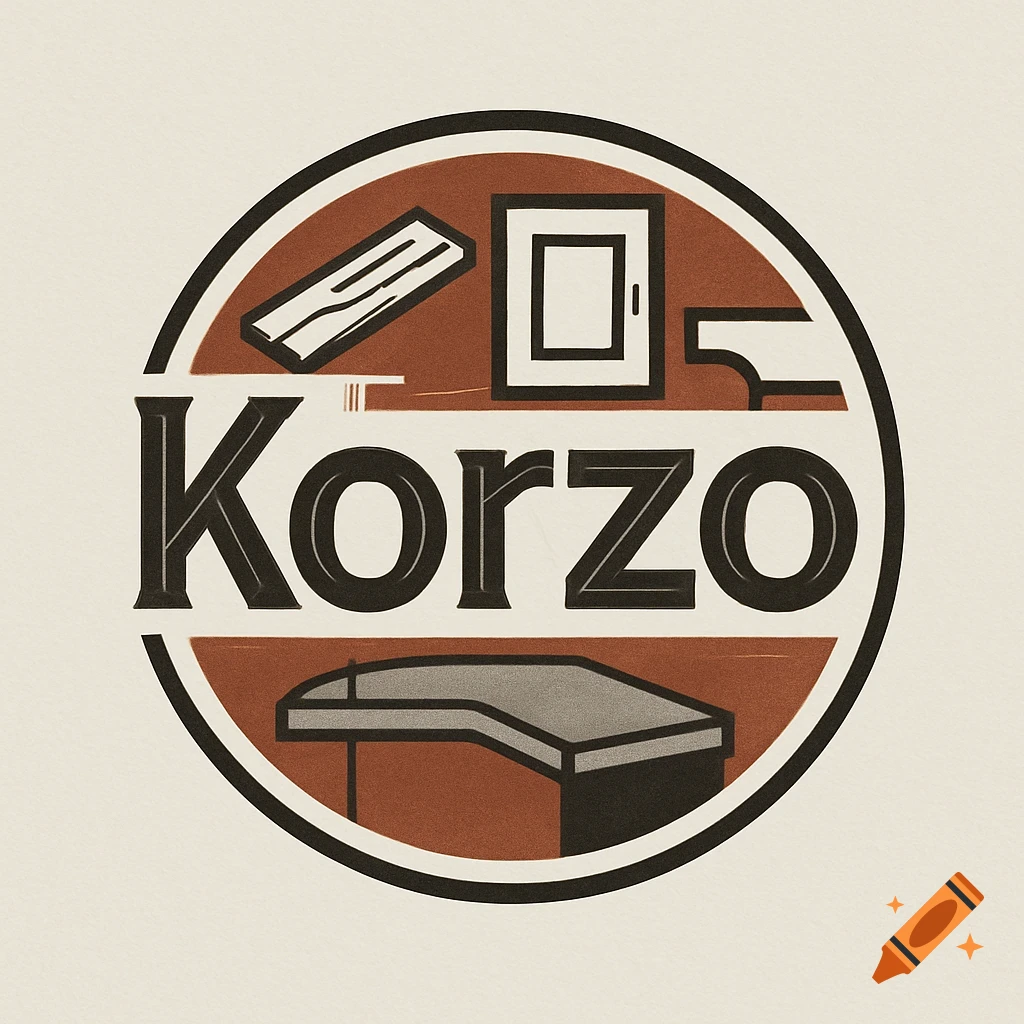 Circular retro-style logo for 'Korzo' featuring graphic icons of flooring, cabinets, and a countertop.