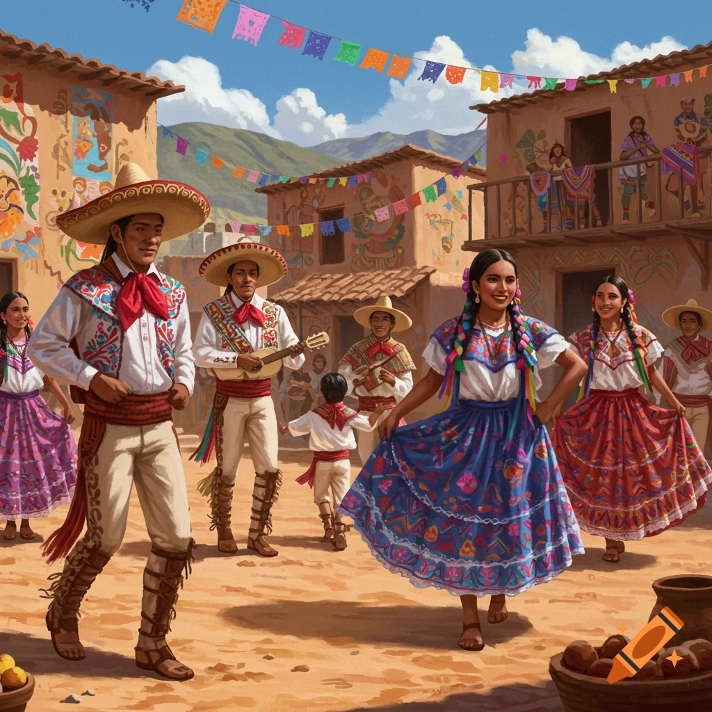 Vibrant illustration of people in traditional Mexican attire dancing and playing music in a sunny, decorated village square.