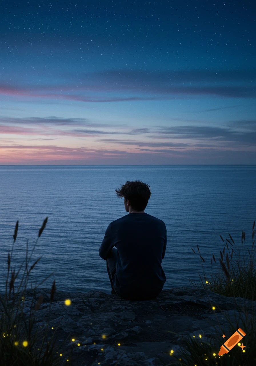 A person sits on a cliff overlooking the ocean at twilight, with a starlit sky and glowing fireflies in the foreground.