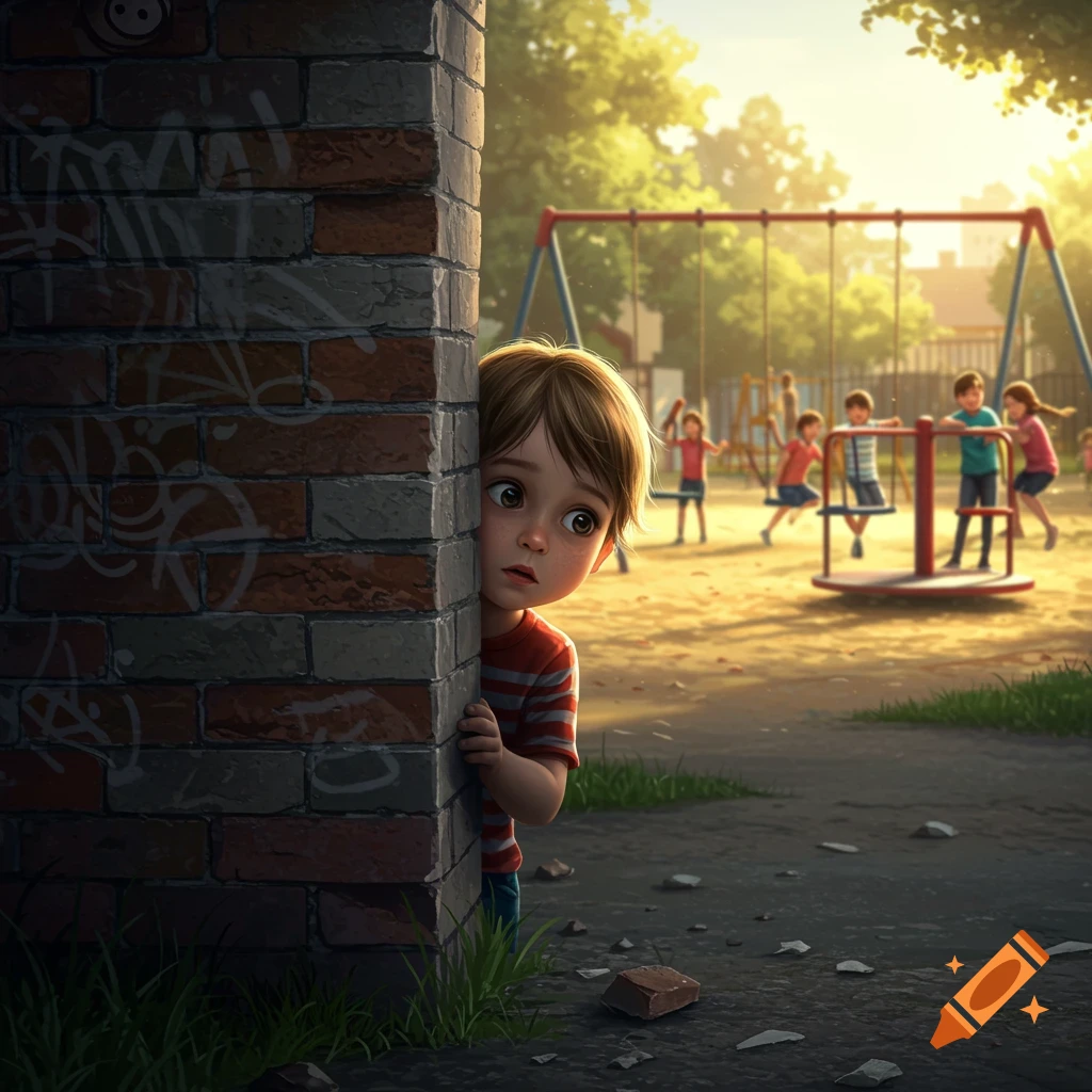 A stylized illustration of a wide-eyed child peeking from behind a brick wall, watching other children play in a sunny playground.
