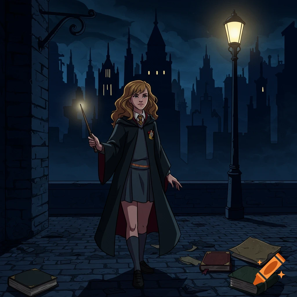 Hermione Granger in a long cloak, holding a glowing wand, stands on a cobblestone street at night with a city skyline and lamppost in the background, in an animated style.
