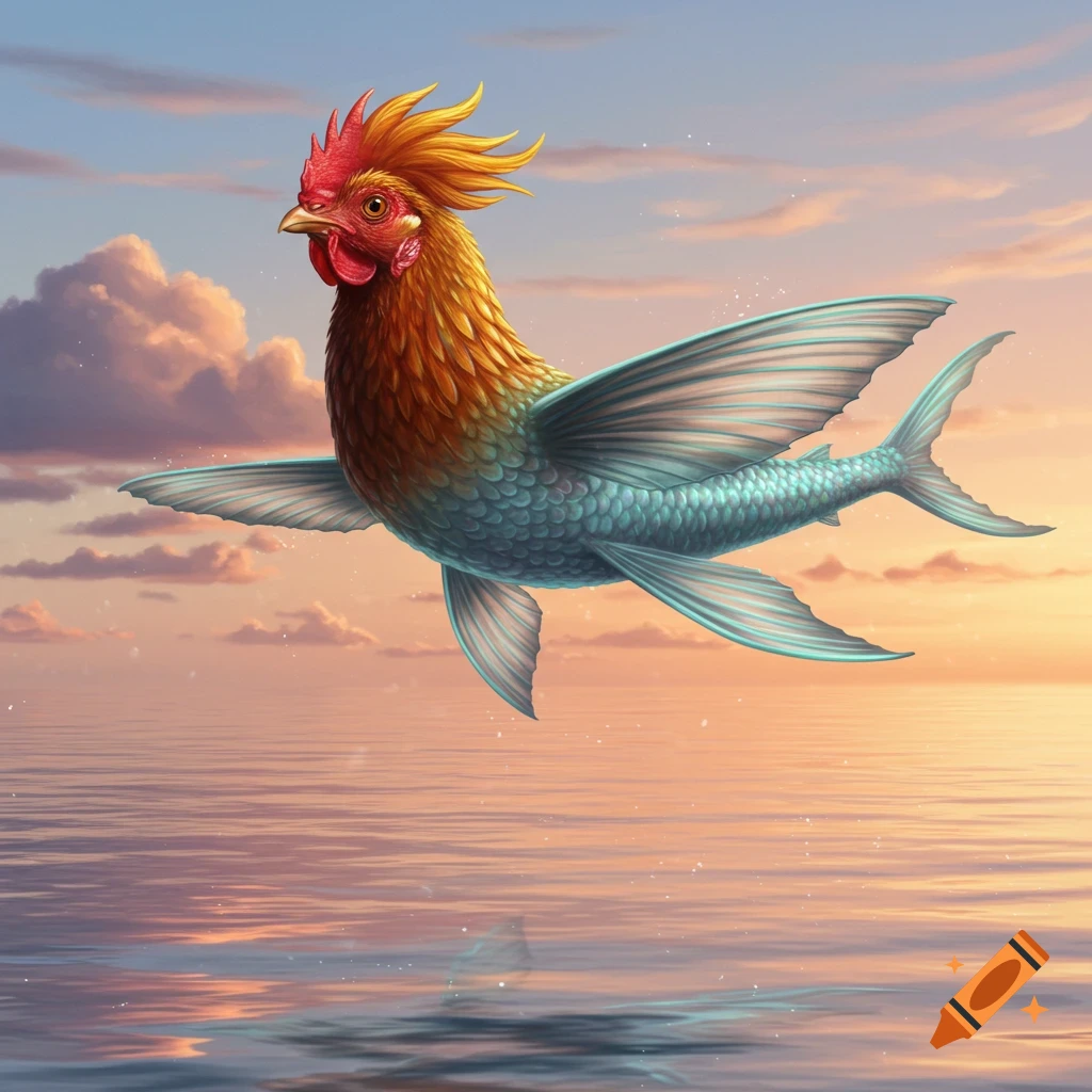 A surreal chicken-fish hybrid with a rooster's head and a fish body with fins, flying over a reflective ocean at sunset.