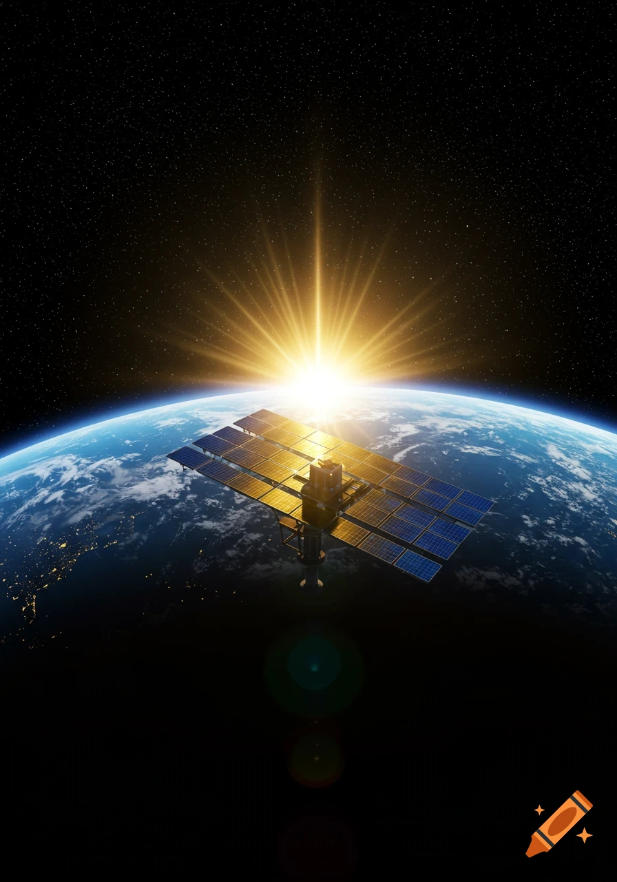 Photorealistic image of a satellite orbiting Earth with a brilliant sun rising over the horizon, casting crepuscular rays.