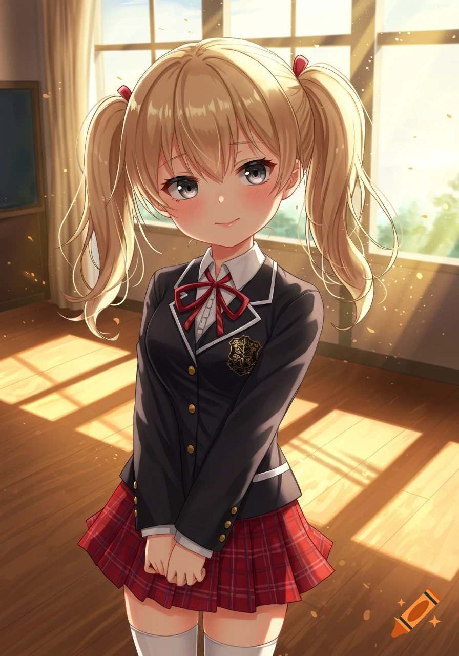 An anime girl with blonde pigtails and grey eyes wearing a dark school blazer and a red plaid skirt stands in a sunny classroom.