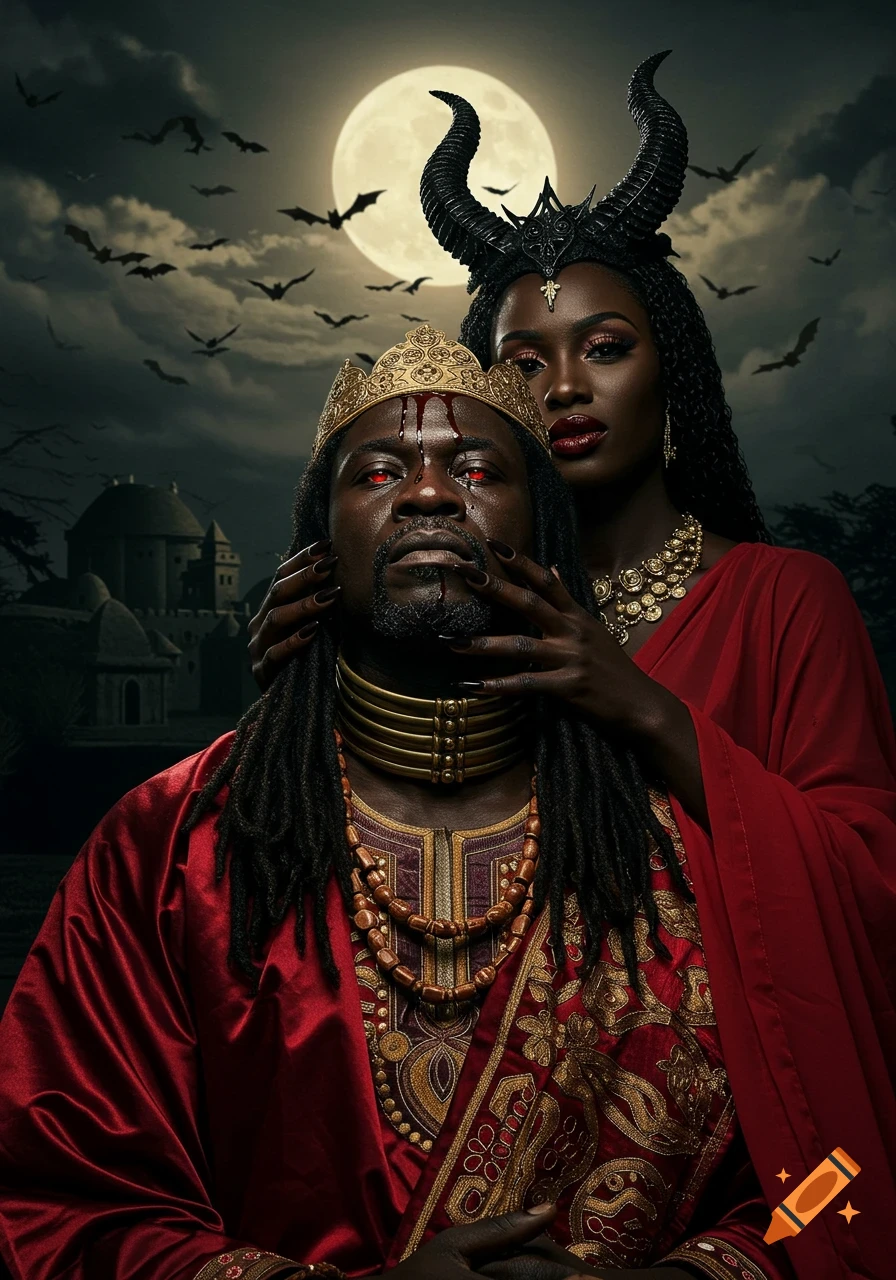 A man with a blood-stained golden crown and red eyes looks forward as a horned woman in red gently touches his face under a full moon with bats.