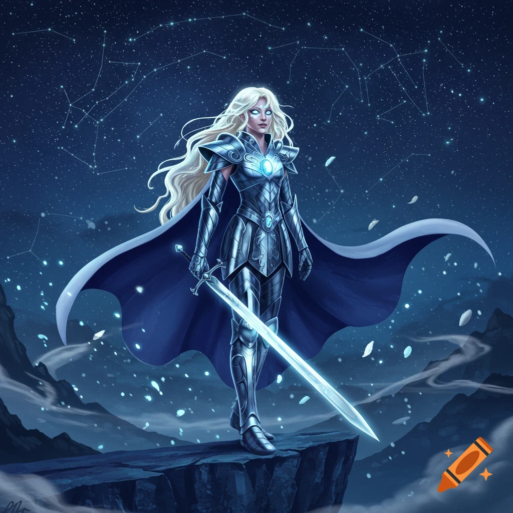 A female warrior with long blonde hair, silver armor, blue cape, and a glowing sword stands on a cliff under a starry night sky.