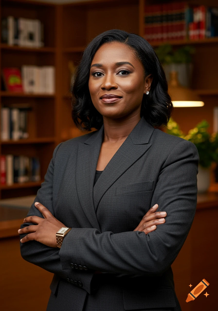 Photorealistic portrait of a professional Black woman in a dark gray suit with crossed arms, smiling in front of bookshelves.