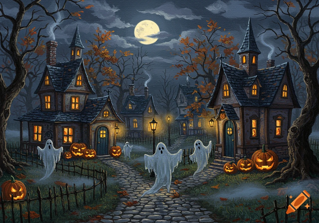 A spooky oil painting of a Halloween village at night with haunted houses, glowing jack-o'-lanterns, and floating ghosts under a full moon.