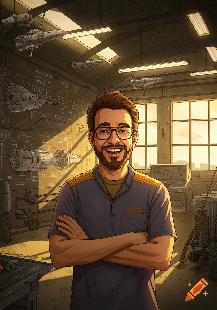 A smiling cartoon man in glasses with a beard stands with crossed arms in a sci-fi engineering workshop, with blueprints and model spaceships on the wall.