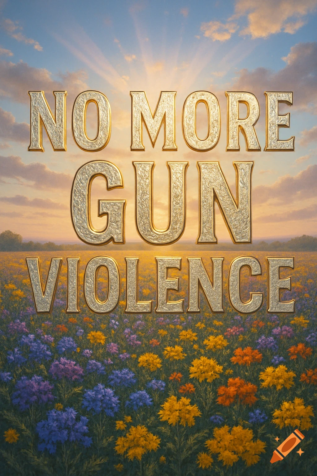 Gold embossed text 'NO MORE GUN VIOLENCE' floats above a vibrant field of wildflowers under a bright, cloud-filled sky with sunrays.