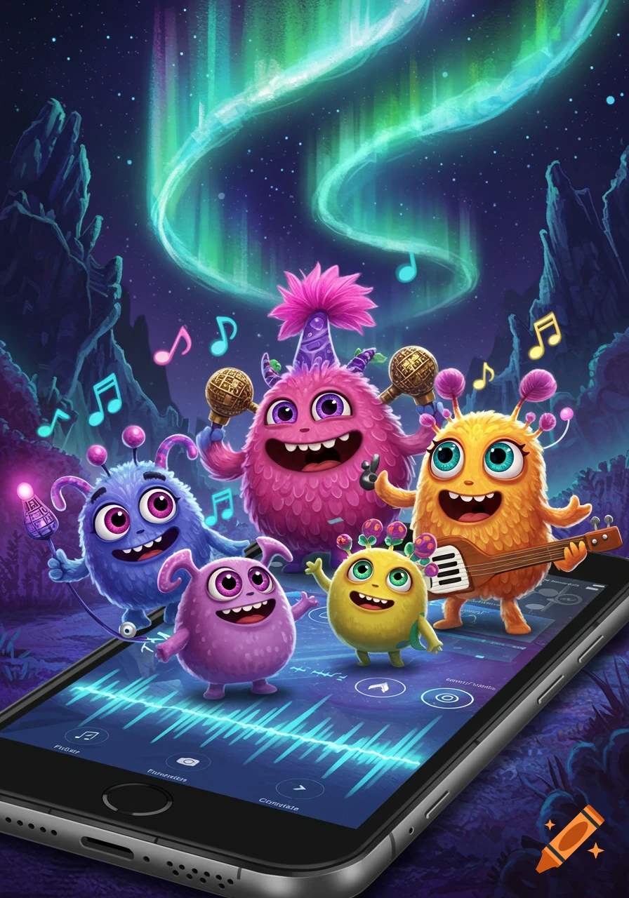 Colorful cartoon monsters sing and play music on a phone screen with musical notes and an aurora borealis sky.