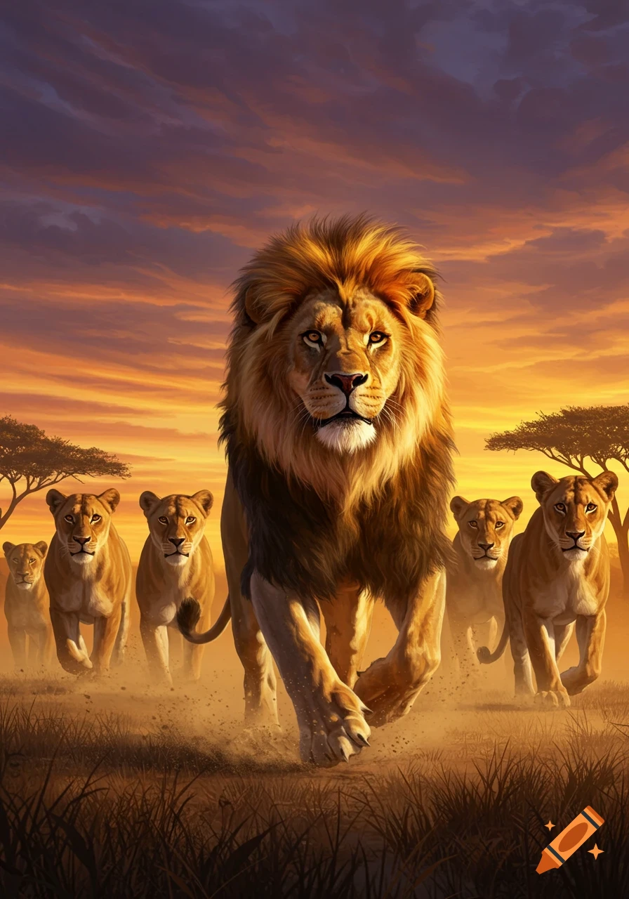 A majestic male lion leads a pride of lionesses running through a dusty savanna at a vibrant sunset.