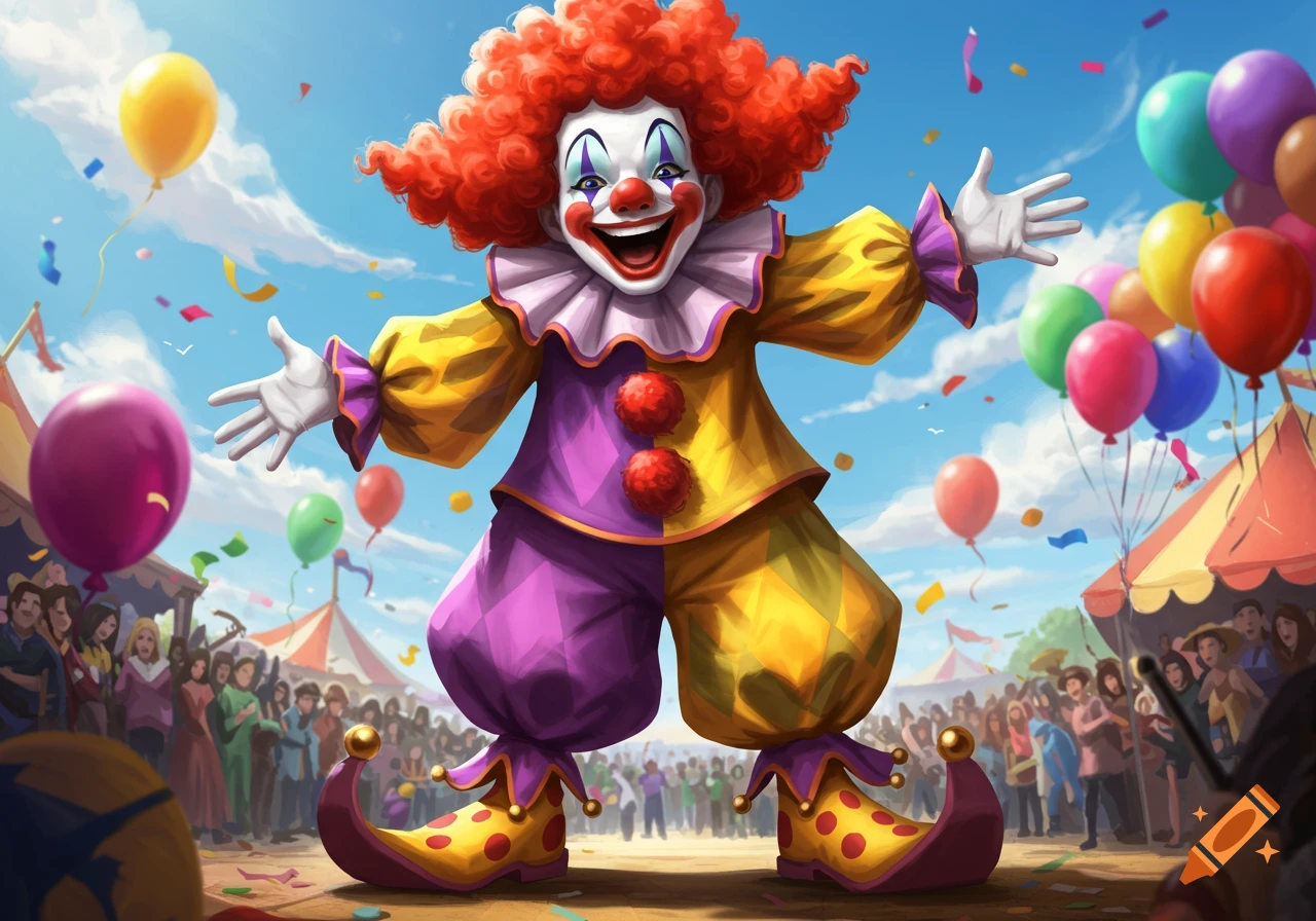 A joyful clown in a colorful costume with a big smile stands at a vibrant outdoor fair with balloons and confetti.